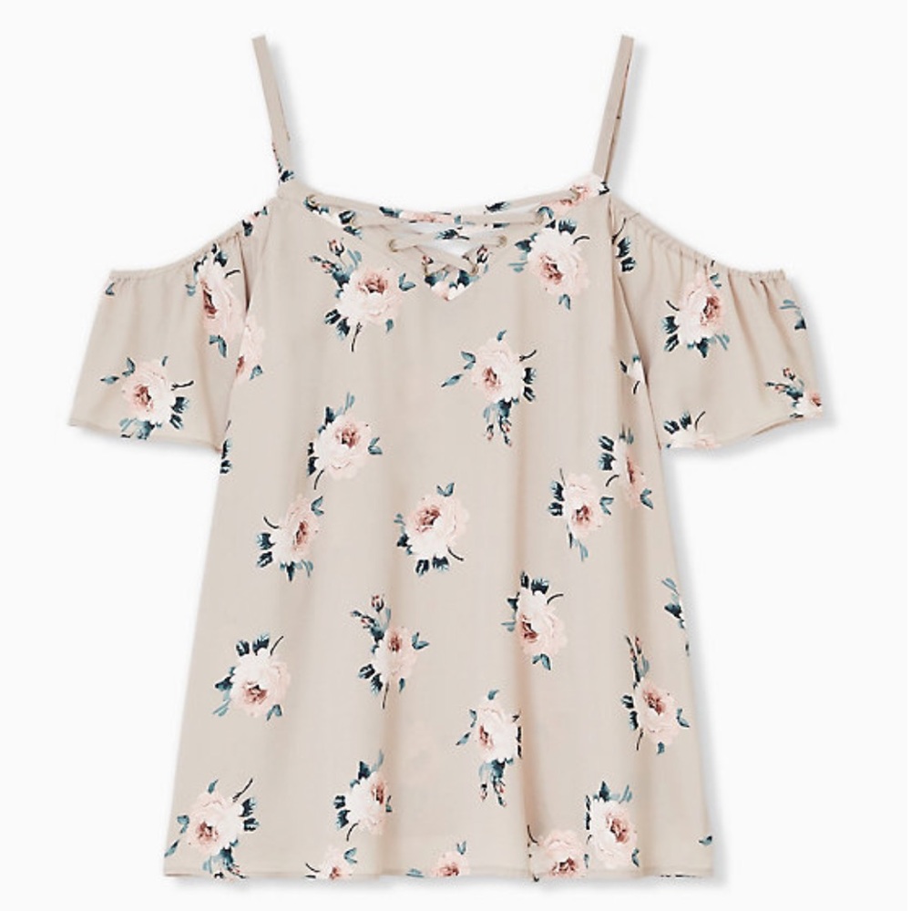 🆕TAUPE FLORAL GEORGETTE LACE-UP COLD SHOULDER TOP